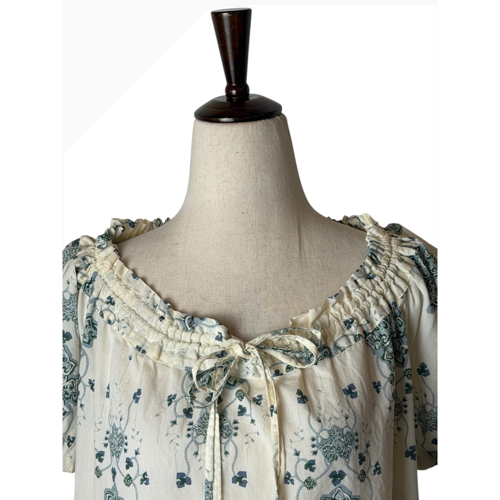 Patagonia Blouse Women XL Ivory Blue Organic Cotton Floral Puff Sleeve Boho - Picture 4 of 11